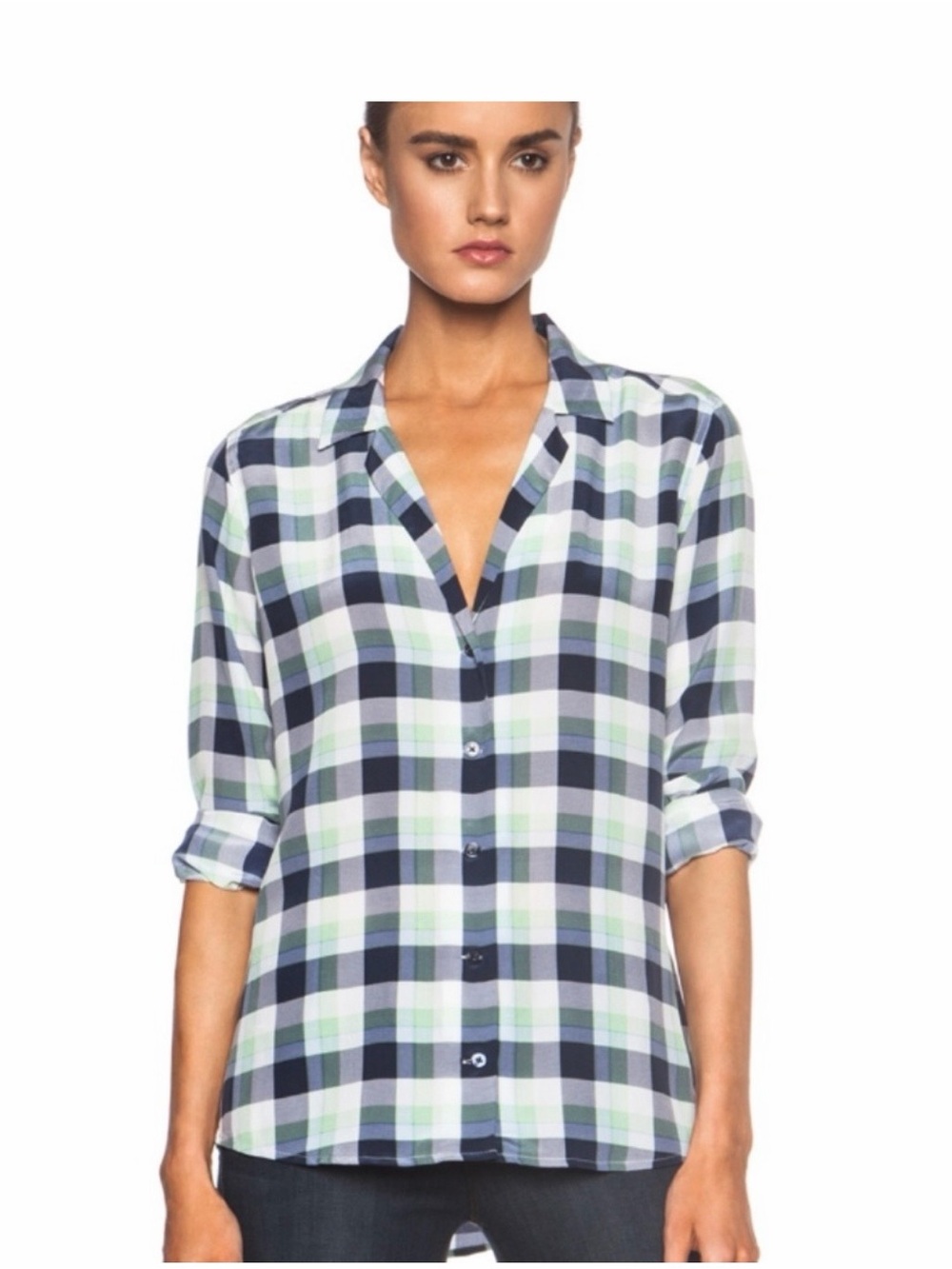 Equipment Adalyn Silk Plaid Button-Front Shirt - Navy & Mint